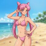 1girl adult_swim alluring beach bikini bishoujo_senshi_sailor_moon bishoujo_senshi_sailor_moon_r bishoujo_senshi_sailor_moon_r_the_movie bishoujo_senshi_sailor_moon_s bishoujo_senshi_sailor_moon_s_the_movie bishoujo_senshi_sailor_moon_supers bishoujo_senshi_sailor_moon_supers_the_movie blue_sky chibi_usa dario magenta_eyes ocean pink_hair toei_animation toonami v_sign viz_media