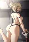  1girl ambiguous_background arm_strap ass back bangs bare_ass bare_back bare_shoulders barefoot big_ass big_breasts black_arm_strap black_collar black_panties black_underwear blonde_female blonde_hair blunt_bangs blush boku_no_hero_academia collar double_bun fangs female_only female_solo from_behind hair_bun half-closed_eyes himiko_toga holding holding_object holding_staff huge_ass jewelry kawer legs light-skinned_female light_skin looking_at_viewer looking_back medium_breasts messy_hair my_hero_academia naughty_face neck nipples open_mouth panties round_teeth short_hair sideboob skull smile spiked_collar spikes staff standing standing_on_one_leg supervillainess teeth thick_thighs thighs tied_hair toga_himiko tongue tongue_out topless topless_female underwear upper_teeth upper_teeth_only villainess yellow_eyes 