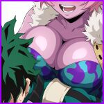 1boy 1girl ai_generated boku_no_hero_academia breasts_squeeze gigantic_breasts green_hair huge_breasts izuku_midoriya light-skinned_male light_skin massive_breasts mina_ashido my_hero_academia pink_body pink_hair pink_skin short_hair sweating thick_body thick_female voluptuous voluptuous_female