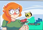 1female 1girl alex_(minecraft) bee big_breasts blue_background blush blush_stickers blushing_female flower freckles freckles_on_body freckles_on_face green_eyes green_t-shirt hair_over_shoulder holding_flower long_eyelashes long_hair mazkel_art minecraft orange_hair ponytail short_sleeves sidelocks signature surprised t-shirt upper_body