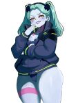  ai_generated bare_thighs cyan_hair cyberpunk:_edgerunners cyberpunk_2077 green_pupils grey_body grey_skin hairband huge_thighs jacket long_hair looking_at_viewer panties rebecca_(edgerunners) red_eyes small_breasts smile solo_female squatting sweat sweatdrop thick_body thick_female thick_thighs thighs twin_tails voluptuous voluptuous_female 