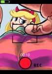 ass ass_focus blonde blonde_female blonde_hair blue_background blush_stickers demon_horns dress_lift fake_horns filming from_behind green_dress hairband heart_symbol long_eyelashes long_hair pantyhose parted_bangs penis pincelido pussy_visible_through_clothes short_dress smile star_butterfly star_vs_the_forces_of_evil stockings tongue tongue_out veiny_penis