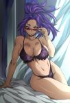 1girl adjusting_sunglasses alternate_costume alternate_hairstyle arm_support bangs bare_arms bare_legs bare_shoulders bed big_breasts blue_hair boku_no_hero_academia bra breasts cleavage closed_mouth collarbone crossed_legs crossed_legs_(sitting) curtains female_only female_solo half-closed_eyes hand_up high_ponytail highleg highleg_panties huge_breasts indoors kaina_tsutsumi kawer legs light-skinned_female light_skin lingerie long_hair looking_at_viewer midriff multicolored_hair my_hero_academia naughty_face navel neck on_bed panties parted_bangs ponytail purple_bra purple_eyes purple_hair purple_lingerie purple_panties purple_underwear red_sunglasses sitting sitting_on_bed smile sunglasses sweat sweating thick_thighs thighs tied_hair tsutsumi_kaina two-tone_hair two_tone_hair underwear