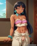  1girl 1girl 1girl bandeau bare_shoulders black_hair blue_collar blue_sky blunt_bangs bracelet breasts brown_eyes chel_(the_road_to_el_dorado) cleavage cleft_of_venus clothes_around_waist clothing cloud collar cowboy_shot crop_top dark-skinned_female dark_skin detached_collar earrings half-closed_eyes indoors jewelry lips long_hair looking_at_viewer medium_breasts midriff navel no_panties open_fly open_pants panties pants patreon_username pink_panties pussy pussy_peek raised_eyebrow sky standing strapless strapless_shirt sweat tan tan_line the_road_to_el_dorado toned tube_top underwear waifuai_studio web_address window 