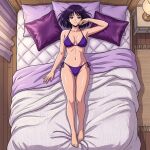  1girls adult_swim alluring bed bikini bishoujo_senshi_sailor_moon bishoujo_senshi_sailor_moon_r bishoujo_senshi_sailor_moon_s bishoujo_senshi_sailor_moon_supers black_hair blue_sky dario hotaru_tomoe ocean on_bed pin_up purple_eyes toei_animation toonami viz_media 