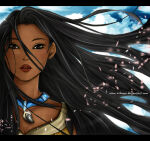  1girl bangs black_hair blue_necklace breasts brown_eyes cleavage cloud dark-skinned_female dark_skin disney dress expressionless female_only female_solo floating_hair half-closed_eyes jewelry junkochan junkochan_(artist) lips lipstick long_hair looking_at_viewer makeup native_american native_american_female neck necklace parted_bangs parted_lips petals pink_petals pocahontas pocahontas_(1995_film) pocahontas_(character) red_lipstick sky straight_hair thick_lips upper_body very_long_hair wind yellow_dress 