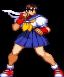  brown_hair capcom cleft_of_venus gif gloves miniskirt no_panties pixel_animation pixel_art pussy sakura_kasugano school_uniform schoolgirl skirt_lift street_fighter_zero_(series) younger_female 