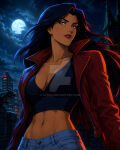 1girl ai-bso arms_at_sides big_breasts blue_hair blue_pants breasts building city cityscape cleavage cloud collarbone dark-skinned_female dark_blue_hair dark_skin disney elisa_maza female_only female_solo floating_hair full_moon gargoyles gargoyles_(disney) half-closed_eyes head_tilt jacket lips lipstick long_hair long_sleeves looking_at_viewer makeup medium_breasts midriff moon navel neck night night_sky open_clothes open_jacket outside pants purple_eyes red_jacket red_lipstick serious sky standing statue straight_hair