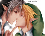  ... 2boys bangs black_earrings black_hat black_headwear blonde_hair blonde_male closed_eyes closed_mouth couple dark_link dark_persona duo earrings elf english_text green_hat green_headwear grey_hair half-closed_eyes hand_up hat headwear hero hylian incipient_kiss jewelry junkochan junkochan_(artist) light-skinned_male light_skin link link_(ocarina_of_time) looking_at_another love male/male male_only multiple_boys neck nintendo ocarina_of_time parted_bangs pointy_ears red_eyes rivals romantic romantic_couple serious short_hair silver_earrings silver_jewelry simple_background talking text the_legend_of_zelda the_legend_of_zelda:_ocarina_of_time upper_body villain white_background yaoi 