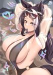 1girl absurd_res animal_ears armpits arms_up black_hair black_slingshot_swimsuit breasts cleavage eyewear_on_head grey_eyes hair_tie_in_mouth heart high_res horse_ears horse_girl horse_tail huge_breasts long_hair loob looking_at_viewer mejiro_ramonu_(umamusume) mole mole_under_eye mouth_hold multicolored_hair ponytail red-framed_eyewear sling_bikini slingshot_swimsuit streaked_hair sunglasses swimsuit tail umamusume white_hair