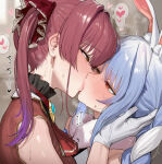 2_girls ai_generated blue_hair blush braided_ponytail hololive hololive_japan houshou_marine kissing light-skinned_female light_skin multicolored_hair orange_eyes rabbit_ears red_hair squatting sweat sweatdrop twin_tails underdog454545 usada_pekora virtual_youtuber voluptuous voluptuous_female yellow_eyes yuri