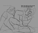 2026 2boys barefoot blush confused_look english_text feet foot_fetish happy human human_only male male_feet male_foot_fetish male_only monochrome not_cokeenjoyer sketch smelly_feet sweatdrop sweaty sweaty_feet