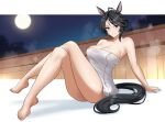 1girl absurd_res ahoge altronage animal_ears arm_support bare_shoulders barefoot big_breasts black_hair blue_eyes blush breasts cleavage closed_mouth collarbone commentary crossed_legs english_commentary feet fuji_kiseki_(umamusume) full_moon hair_between_eyes high_res horse_ears horse_girl horse_tail looking_at_viewer moon multicolored_hair nail_polish naked_towel night onsen short_hair sitting sky smile steam tail toenail_polish toenails toes towel umamusume umamusume_pretty_derby wet white_hair