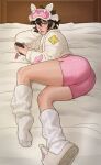 alternate_version_available asian asian_female ass bed bedsheet black_hair cellphone cellphone_charm earring headboard jubilation_lee jubilee jubilee_(marvel_rivals) looking_at_viewer marvel marvel_rivals on_bed one_eye_closed pajama_shorts pajamas sleep_mask slippers socks textless_version x-men yellow_eyes