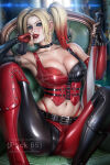  1girl alternate_costume armpits asymmetrical_gloves ayyasap bangs bare_shoulders baseball_bat batman_(series) belt big_breasts black_belt black_collar black_eyeshadow black_gloves black_hair black_nails blonde_female blonde_hair blue_eyes blurry blurry_background bracelet breasts cleavage clown_girl collar collarbone dc_comics earrings elbow_gloves eyeshadow female_only female_solo fingerless_gloves gloves gradient gradient_hair grin hair_ornament harleen_quinzel harley_quinn head_tilt holding holding_baseball_bat holding_weapon hoop_earrings jewelry knees_up legs light-skinned_female light_skin lips lipstick long_hair looking_at_viewer makeup midriff multicolored_clothes multicolored_hair multicolored_pants nail_polish naughty_face navel neck pants parted_bangs parted_lips red_gloves red_hair red_lipstick revealing_clothes silver_earrings silver_jewelry sleeveless smile spiked_bracelet spiked_hair_ornament spikes spread_legs supervillainess thighs three-tone_hair tied_hair twin_tails two-tone_pants villainess weapon window 