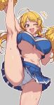  1girl 37bannai ai_generated blonde blonde_female blonde_hair blue_eyes blush breasts cheerleader cheerleader_outfit cheerleader_uniform hachimiya_meguru happy happy_female huge_breasts idolmaster idolmaster_shiny_colors light-skinned_female light_skin navel one_eye_closed one_leg_up open_mouth panties smile standing standing_on_one_leg sweat sweatdrop sweating thick_thighs thighs 