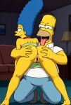  1boy 1girl 20th_century_fox 20th_century_studios ai-generated ai_generated anus apoluxe ass ass_grab bald blue_hair couple dress_lift fox_corporation green_dress homer_simpson jewelry long_hair marge_simpson no_panties open_mouth pearl_necklace pussy the_simpsons tongue_out yellow_skin 