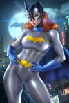 1girl ayyasap barbara_gordon bat_signal batgirl batman_(series) belt big_breasts black_mask blue_cape blue_eyes blue_gloves bodysuit breasts brown_hair brown_lipstick building cape city cityscape contrapposto dc_comics female_only female_solo gloves grey_bodysuit hands_on_hips head_tilt heroine light-skinned_female light_skin lips lipstick long_hair looking_at_viewer makeup mask medium_breasts night night_sky outside parted_lips serious skin_tight sky standing straight_hair superhero_costume superheroine thick_lips yellow_belt