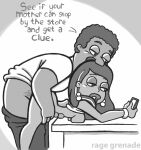  bent_over big_breasts black_hair bottomless bracelet breasts_out cleveland_brown earrings emotionless_sex english_text from_side lipstick makeup monochrome mustache pants_pull rage_grenade roberta_tubbs sex_from_behind shirt_up signature t-shirt texting_during_sex the_cleveland_show thick_eyebrows username 