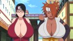  2_girls akimichi_chouchou annoyed black_hair blackededit boruto:_naruto_next_generations brown_skin edit edited gigantic_breasts glasses orange_hair photoshop sarada_uchiha smirking uchiha_sarada 