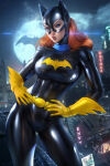 1girl ayyasap barbara_gordon bat_signal batgirl batman_(series) belt big_breasts black_bodysuit black_mask blue_eyes bodysuit breasts brown_hair brown_lipstick building city cityscape contrapposto dc_comics female_only female_solo gloves hands_on_hips head_tilt heroine light-skinned_female light_skin lips lipstick long_hair looking_at_viewer makeup mask medium_breasts night night_sky outside parted_lips serious skin_tight sky standing straight_hair superhero_costume superheroine thick_lips yellow_belt yellow_gloves
