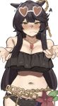  1girl 1girl absurd_res animal_ears bandaid bandaid_on_face bandaid_on_nose bare_shoulders big_breasts bikini black_bikini black_hair blush breasts brown-tinted_eyewear chain cleavage closed_mouth cosplay eyewear_on_head flower gold_chain hair_between_eyes heart heart-shaped_eyewear high_res horse_ears horse_girl iog626 jewelry long_hair looking_at_viewer maruzensky_(umamusume) maruzensky_(umamusume)_(cosplay) mouth_hold narita_brian_(umamusume) navel orange-tinted_eyewear outstretched_arms reaching reaching_towards_viewer rope ruffle_bikini shimenawa simple_background stalk_in_mouth sunglasses swimsuit tinted_eyewear umamusume umamusume_pretty_derby wet white-framed_eyewear white_background yellow_eyes 