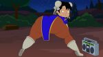 akiko_yoshida altzegoz_(artist) american_dad ankle_boots ass_focus bent_over black_hair blue_dress boots chinese_clothes chinese_female chun-li_(cosplay) forest from_behind hair_between_eyes huge_ass juliet_sleeves long_dress looking_at_viewer looking_back night night_sky ox_horns pantyhose puffy_short_sleeves short_sleeves sidelocks smile starry_sky thick_thighs tree white_boots