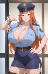  ai_generated bare_thighs blush dosanko_gal_wa_namara_menkoi earrings fishnets fuyuki_mai gigantic_breasts huge_breasts huge_thighs light-skinned_female light_skin long_hair looking_at_viewer massive_breasts mature_female milf orange_hair police_uniform policewoman purple_eyes solo_female squatting sweat sweatdrop thick_body thick_female thick_thighs thighs tony57 voluptuous voluptuous_female 
