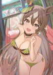  +_+ 1girl absurd_res animal_ears bikini blurry blurry_background braid breasts brown_eyes brown_hair cleavage clenched_hand collar commentary_request ear_ornament filkia frilled_bikini frills green_bikini hair_between_eyes hair_ornament half_up_braid high_res horse_ears horse_girl long_hair looking_at_viewer medium_breasts multicolored_hair nervous_sweating open_mouth pointing pool pov pov_hands satono_diamond_(umamusume) slide solo_focus sparkle streaked_hair sweat swimsuit umamusume umamusume_pretty_derby very_long_hair water_slide white_hair 