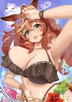 1girl 1girl absurd_res animal_ears bare_shoulders bikini black_bikini blue_eyes blush breasts brown-tinted_eyewear brown_hair chain cleavage commentary eyewear_on_head flower gold_chain hair_between_eyes hand_fan heart heart-shaped_eyewear high_res holding holding_fan horse_ears horse_girl horse_tail huge_breasts jewelry long_hair loob looking_at_viewer maruzensky_(umamusume) navel necklace official_alternate_costume open_mouth orange-tinted_eyewear orange_nails ruffle_bikini smile star_(symbol) stomach sunglasses swimsuit tail teeth tinted_eyewear umamusume white-framed_eyewear 