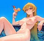  1girl afloat ai_generated alcohol alexis_rhodes armpits asuka_tenjouin big_breasts blonde_hair blue_background blue_sky breasts breasts_apart brown_eyes cherry chromatic_aberration closed_mouth cocktail cocktail_glass collarbone completely_nude cup day drink drinking_glass duel_academy_uniform_(yu-gi-oh!_gx) feet_out_of_frame female food frown fruit hair_between_eyes hand_up holding holding_cup holding_drink knee_up leaning_back lemon lemon_slice long_hair looking_at_viewer medium_breasts navel nipples nude orange_(fruit) orange_slice outside partially_submerged pineapple pool poolside reclining simple_background sitting sky solo stomach straight_hair tenjouin_asuka thighs tropical_drink very_long_hair water wet wet_hair yellow_eyes yu-gi-oh! yu-gi-oh!_duel_monsters_gx yu-gi-oh!_gx 