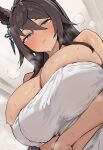  1girl ai_generated animal_ears bathrobe black_hair blue_eyes blush brown_skin brown_skinned_female horse_girl long_hair ponytail symboli_kris_s_(umamusume) umamusume umamusume_pretty_derby underview wet 