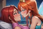 2_girls bare_arms bare_shoulders bloom_(winx_club) blue_eyes blue_shirt blush bopitphy breasts brown_eyes brown_eyeshadow closed_mouth couple crossover duo eye_contact eyeshadow fairy fairy_wings female/female female_only half-closed_eyes hugging incipient_kiss indoors lips lipstick long_hair looking_at_another love lying lying_on_back lying_on_stomach magical_girl makeup medium_breasts multiple_girls mutual_yuri neck night night_sky ocean on_back on_stomach orange_hair parted_lips pillow pink_lipstick pink_shirt red_hair romantic romantic_couple rubber rubber_clothing shirt short_hair sidelocks sky sleeveless sleeveless_shirt sleeveless_turtleneck smile star starry_sky straight_hair turtleneck_shirt upper_body w.i.t.c.h. water will_vandom window wings winx_club yuri