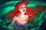 1girl arms_at_sides ayyasap bare_arms bare_shoulders bikini blue_eyes breasts cleavage collarbone disney disney_princess female_only female_solo floating_hair green_background light-skinned_female light_skin lips lipstick long_hair looking_to_the_side makeup medium_breasts mermaid midriff neck open_mouth princess princess_ariel purple_bikini purple_swimsuit red_hair round_teeth sad shell shell_bikini straight_hair strapless strapless_bikini strapless_swimsuit swimsuit teeth the_little_mermaid the_little_mermaid_(1989_film) underwater upper_teeth upper_teeth_only
