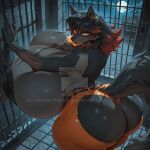 1girl ai_generated hyper_breasts prison prison_clothes prisoner wolf