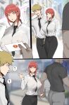  1girl 2boys ? between_breasts big_breasts black_necktie black_pants black_shirt blonde_hair blurry blurry_background braid braided_ponytail breasts chainsaw_man clothes_between_breasts collared_shirt comic covered_erect_nipples dark-skinned_male dark_skin heart hetero high_res holding_hands long_hair long_sleeves looking_at_another makima_(chainsaw_man) mouth_hold multiple_boys neck_tie necktie_between_breasts netorare nipples pants red_hair ringed_eyes see-through_clothes see-through_shirt shirt shirt_tucked_in short_hair sidelocks silent_comic smile spoken_question_mark tomatosp white_shirt yellow_eyes 