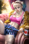 1girl armchair arms_at_sides ayyasap bare_legs batman_(series) big_breasts birds_of_prey birds_of_prey_(2020_film) blonde_female blonde_hair blue_eyes blue_hair blue_shorts blurry blurry_background breasts chair cleavage clown_girl dc_comics earrings facial_mark female_only female_solo grin hammer harleen_quinzel harley_quinn head_down heart heart_facial_mark holding holding_hammer holding_mallet holding_weapon indoors jacket jewelry legs light-skinned_female light_blue_hair light_skin lips lipstick long_sleeves looking_at_viewer makeup mallet midriff multicolored_hair naughty_face navel necklace parted_lips pink_hair pink_tank_top red_lipstick revealing_clothes ring see-through see-through_clothes see-through_clothing see-through_jacket short_hair short_twintails shorts sitting smile spread_legs striped striped_shorts sunset supervillainess tank_top thighs three-tone_hair tied_hair tree twin_tails villainess weapon window yellow_jacket