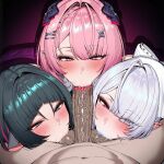 1boy 3_girls :>= ai_generated animal_ears balls black_hair blush cooperative_fellatio erect_penis erection fellatio fellatio_face fellatio_pov foursome green_hair jane_doe_(zenless_zone_zero) light-skinned_female light_skin looking_at_viewer medium_hair mihoyo natsue99 oral oral_sex penis penis_awe penis_in_mouth penis_worship pov pov_blowjob pov_crotch rat_ears rat_girl remielle_dan_(zenless_zone_zero) saliva sucking_penis sucking_testicles veins veiny_penis velina_airgid_(zenless_zone_zero) worship zenless_zone_zero