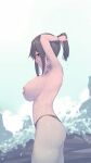  1girl 1girl absurd_res arms_behind_head ass big_breasts bikini_bottom black_hair bracelet breasts brown_eyes earrings female_focus female_only high_res high_resolution looking_at_viewer necklace nipples no_bra original original_character ponytail rou_(rou22) solo_female solo_focus thick_thighs thighs topless topless_female water wet wet_body 