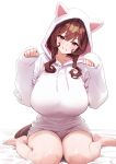 1girl alternate_costume animal_ears barefoot big_breasts blush breasts brown_hair commentary_request fake_animal_ears gentildonna_(umamusume) hands_up head_tilt herohero_(higashi_no_dou) high_res hood hood_up hoodie horse_girl looking_at_viewer paw_pose red_eyes sitting sleeves_past_wrists smile thighs umamusume umamusume_pretty_derby wariza wavy_hair white_hoodie