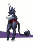 1girl alien_girl big_ass big_breasts big_tail blouse canine dubmare gray_hair gray_skin kariolarts long_ears long_tail muscular_female platform_shoes posing red_shorts seductive seductive_face sexy short_dress short_hair tail thick_ass thick_legs wolf