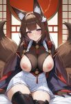  1girls ai_generated amagi_(azur_lane) amagi_(cv)_(azur_lane) azur_lane big_breasts black_gloves black_thighhighs blush breasts breasts_out brown_hair clothed clothed_female female_only fox_ears fox_girl fox_tails gloves hair_accessory hair_ornament japanese_bedroom long_hair nipples overcoat purple_eyes ship_girl sitting_on_bed skirt smile solo_female stockings white_skirt 
