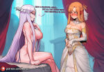 2_girls age_difference arm_at_side arm_support artist_name asuna_(sao) asuna_yuuki bed big_breasts blush breasts cleavage clenched_hands closed_mouth clothed clothed_female clothed_female_nude_female completely_nude completely_nude_female couple crossed_legs crossed_legs_(sitting) dress duo embarrassed english_text female/female female_only femdom femsub grin half-closed_eyes hand_up heart heroine hoorpy hoorpy_(artist) indoors lavender_hair legs lezdom lezsub light-skinned_female light_skin long_dress long_hair looking_at_another love multiple_girls nervous nervous_smile nipples nude nude_female on_bed orange_eyes orange_hair parted_lips purple_eyes quinella quinella_(sword_art_online) shy sitting sitting_on_bed smile standing straight_hair strapless strapless_dress surprised sword_art_online sword_art_online_alicization talking text very_long_hair villainess wavy_mouth white_dress yuri yuuki_asuna