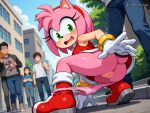  1girl ai_generated amy_rose ass cleft_of_venus embarrassed furry furry_female gloves green_eyes panties panties_around_ankles panty_pull pink_fur pixforge public_indecency sega sonic_the_hedgehog_(series) tail 