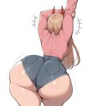  ai_generated arms_up back_view backboob bare_thighs big_ass big_breasts blonde_hair booty_shorts chainsaw_man demon_girl demon_horns fat_ass gigantic_ass horn horns huge_breasts huge_thighs light-skinned_female light_skin long_hair massive_ass power_(chainsaw_man) smogai solo solo_female squatting sweat sweatdrop sweater thick_body thick_female thick_thighs thighs voluptuous voluptuous_female white_background 