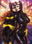  2_girls age_difference ayyasap barbara_gordon batgirl batman_(series) big_breasts black_bodysuit black_hair black_mask blue_eyes blurry blurry_background bodysuit breasts brown_hair cat_costume catwoman cheek_kiss couple dc_comics duo eye_contact female/female female_only gloves goggles goggles_on_head green_eyes half-closed_eyes heroine hugging incipient_kiss kissing kissing_cheek lens_flare light-skinned_female light_skin lips lipstick long_hair looking_at_another love lower_teeth makeup mask medium_breasts mole mole_under_mouth multiple_girls mutual_yuri open_mouth pink_lipstick red_lipstick romantic romantic_couple round_teeth selina_kyle shiny shiny_bodysuit shiny_clothes short_hair skin_tight standing superhero_costume superheroine teeth upper_teeth yellow_gloves yellow_goggles yuri 