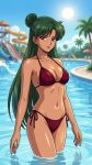 1girl adult_swim ai_generated alluring big_breasts bikini bishoujo_senshi_sailor_moon bishoujo_senshi_sailor_moon_r bishoujo_senshi_sailor_moon_s bishoujo_senshi_sailor_moon_s_the_movie bishoujo_senshi_sailor_moon_supers bishoujo_senshi_sailor_moon_supers_the_movie black_and_green_hair blue_sky cleavage dario magenta_eyes pin_up setsuna_meiou swimming_pool toei_animation toonami viz_media water_park water_slide waterpark waterslide