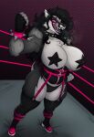1girl big_ass big_breasts bikini black_hair cute gloves long_ears long_hair milf muscular_female necklace obstagoon pasties platform_boots rhode_arts seductive sexy star_pasties tail thighs