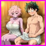  1boy 1girl ai_generated antennae bare_thighs black_eyes blush boku_no_hero_academia bulge gigantic_breasts green_eyes green_hair huge_breasts huge_thighs izuku_midoriya light-skinned_male light_skin massive_breasts mina_ashido muscular_male my_hero_academia pink_body pink_hair pink_skin sauna short_hair squatting sweat sweatdrop thick_body thick_female thick_thighs thighs towel towel_only voluptuous voluptuous_female yellow_pupils 
