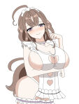 1girl absurd_res ahoge apron big_breasts blush breasts brown_hair choker cleavage clothing_cutout com2us frills heart heart_cutout joycity long_hair looking_at_viewer lord3 lynette_(starseed) lynette_(starseed:_asnia_trigger) maid maid_headdress mole mole_under_eye naked_apron purple_eyes sideboob simple_background smile starseed:_asnia_trigger white_background